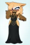 2024 anthro black_clothing black_dress blonde_hair blue_eyes blush breasts brown_body brown_fur callme_atlas canid canine canis clothing dress eyelashes facial_markings fangs female fur hair head_markings hi_res hollow_hip_dress idw_publishing mammal markings mask_(marking) one_eye_closed sega solo sonic_the_hedgehog_(comics) sonic_the_hedgehog_(idw) sonic_the_hedgehog_(series) teeth whisper_the_wolf wolf yellow_body yellow_fur