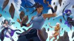  4girls arrow_(projectile) avatar_legends biceps bow_(weapon) brown_hair clenched_teeth commentary dark-skinned_female dark_skin element_bending english_commentary fighting_stance fortnite highres irene_koh korra multiple_girls official_art pelt ponytail rock sleeveless snake_hair teeth the_legend_of_korra weapon 