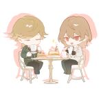  2boys :d akechi_gorou amada_ken black_jacket black_necktie black_pants black_ribbon brown_hair cake cellphone chair chibi chinese_commentary closed_eyes coat collared_shirt colored_eyelashes commission cup drinking drop_shadow food full_body gekkoukan_high_school_uniform grey_coat highres holding holding_cup holding_saucer jacket long_sleeves male_focus multiple_boys neck_ribbon necktie nona1010 open_mouth pancake pancake_stack pants persona persona_3 persona_5 phone plate red_eyes ribbon saucer school_uniform second-party_source shirt short_hair simple_background sitting smartphone smile sparkle striped_necktie swept_bangs table taking_picture teacup u_u white_background white_shirt wing_collar 
