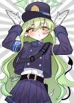  absurdres armband arms_up belt black_belt black_hat black_tail blue_archive blue_armband buttons demon_tail double-breasted gloves green_hair green_halo halo happy_jolson hat highres hikari_(blue_archive) looking_at_viewer peaked_cap pointy_ears tail white_gloves 