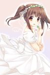  breasts brown_eyes brown_hair cleavage dress earrings eyebrows_visible_through_hair from_side hairband head_wreath highres idolmaster idolmaster_cinderella_girls jewelry long_hair medium_breasts necklace ogata_chieri open_mouth see-through solo twintails wakuta_chisaki wedding_dress white_dress 