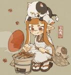  1girl :p animal_on_head apron brown_eyes brown_kimono cat chopsticks closed_mouth commentary_request cooking falling_leaves fish fish_(food) full_body geta green_background grill grilled_fish grilling hand_fan head_scarf highres holding holding_chopsticks holding_fan inkling_girl inkling_player_character japanese_clothes judd_(splatoon) kappougi kimono leaf li&#039;l_judd_(splatoon) long_hair looking_at_food on_head orange_hair p0m4_p0m4 paper_fan pointy_ears shichirin splatoon_(series) squatting steam tentacle_hair tenugui tongue tongue_out translation_request twintails uchiwa very_long_hair 
