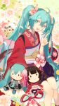  1girl :d black_shorts blue_eyes blue_hair character_doll flower hair_between_eyes hair_flower hair_ornament hatsune_miku highres indai_(3330425) index_finger_raised japanese_clothes kimono long_hair long_sleeves looking_at_viewer obi pink_flower red_kimono sash shorts smile solo twintails very_long_hair vocaloid 