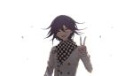  1boy :d absurdres black_hair buttons checkered_clothes checkered_scarf closed_eyes danganronpa_(series) danganronpa_v3:_killing_harmony double-breasted facing_viewer fu_ga_(vivi912912) grey_background grey_jacket highres jacket long_sleeves male_focus medium_hair oma_kokichi scarf simple_background smile solo upper_body v 