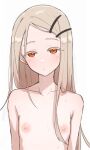  1girl ai-generated blush completely_nude flat_chest gakuen_idolmaster hair_ornament hairpin highres idolmaster light_brown_hair long_hair looking_at_viewer nipples nude shinosawa_hiro simple_background solo straight_hair upper_body very_long_hair white_background yororo 