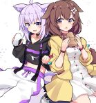  2girls ahoge akagi_(sk0127aho) animal_ears black_collar black_hoodie blush bone_hair_ornament brown_eyes brown_hair cat_ears cat_girl cat_tail collar dog_ears dog_girl dog_tail dress food hair_ornament highres holding holding_food hololive hood hoodie inugami_korone inugami_korone_(1st_costume) jacket long_hair medium_hair multiple_girls nekomata_okayu nekomata_okayu_(1st_costume) onigiri onigiri_print open_mouth pants purple_eyes purple_hair red_collar smile tail virtual_youtuber white_background white_dress white_pants yellow_jacket 