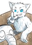 5_fingers anthro bathing blind_eye blue_eyes blush canid canine canis domestic_dog fangs fingers fur gesture grin hand_gesture hi_res looking_at_viewer male mammal nude_male simple_background smile solo teeth tobyou_222 v_sign water wet white_background white_body white_fur