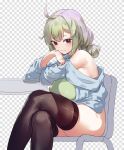  1girl araga_kiwi black_pantyhose blue_shirt breasts breasts_on_thighs chair checkered_background closed_mouth commentary_request fairyfloss green_hair large_breasts looking_at_viewer mahou_shoujo_ni_akogarete mole mole_under_eye off-shoulder_shirt off_shoulder on_chair pantyhose red_eyes shirt short_hair sitting smile solo thighs 