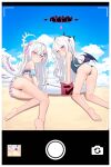  2girls :&lt; absurdres ahoge all_fours angel_wings arm_support ass azusa_(blue_archive) azusa_(swimsuit)_(blue_archive) bare_legs beach bikini blue_archive blue_one-piece_swimsuit blush closed_mouth crossed_bangs day demon_horns demon_wings empty_eyes feet food-themed_hair_ornament forehead frilled_bikini frills from_behind grey_hair hair_between_eyes hair_ornament hair_ribbon hairclip halo highres hina_(blue_archive) hina_(swimsuit)_(blue_archive) horns innertube legs light_frown looking_at_viewer low_wings lying multiple_girls ocean on_side one-piece_swimsuit one_side_up orange_hair_ornament outdoors parted_bangs pink_eyes purple_eyes ribbon ribbonsnek school_swimsuit soles summer sunlight swim_ring swimsuit thighs toes tsurime viewfinder wings 