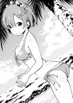  1girl absurdres ass beach bikini breasts cleavage cloud cowboy_shot day dutch_angle frilled_bikini frills fukushima_masayasu greyscale hair_ornament highres horizon looking_at_viewer medium_breasts monochrome ocean outdoors own_hands_together palm_tree re:zero_kara_hajimeru_isekai_seikatsu rem_(re:zero) short_hair side-tie_bikini_bottom sky smile solo standing swimsuit tree waves x_hair_ornament 