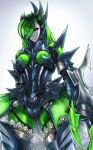  1girl armor armored_bodysuit astalos_(armor) bodysuit claws commentary_request commission full_armor green_bodysuit green_hair hair_over_one_eye highres looking_at_viewer mask monster_hunter_(character) monster_hunter_(series) purple_eyes ribimura simple_background skeb_commission solo standing 