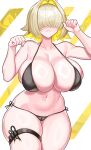  1girl absurdres bikini black_bikini blonde_hair blush breasts cleavage closed_mouth collarbone elegg_(nikke) goddess_of_victory:_nikke hair_intakes hair_over_eyes highres huge_breasts long_bangs navel nez-box smile solo swimsuit thigh_strap thighs 