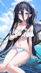  1girl absurdly_long_hair aris_(blue_archive) bikini black_hair black_hairband blue_archive blue_eyes blush breasts closed_mouth collarbone doka_l hairband highres long_hair looking_at_viewer navel off-shoulder_bikini off_shoulder one_side_up small_breasts smile solo swimsuit underboob very_long_hair water white_bikini 