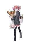  1girl absurdres bad_id bad_pixiv_id bag baguette black_footwear black_shirt black_skirt black_sleeves blush boots bread cellphone champagne_bottle commentary_request detached_sleeves drill_hair food from_behind full_body grocery_bag headset highres holding holding_bag holding_phone inactive_account kasane_teto looking_at_viewer looking_back number_tattoo phone pleated_skirt red_eyes red_hair red_nails sen-san shirt shopping_bag short_hair shoulder_tattoo simple_background skirt smartphone solo sparkle standing tattoo text_messaging thigh_boots twin_drills utau white_background 