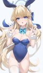  1girl absurdres animal_ears blonde_hair blue_archive blue_bow blue_bowtie blue_eyes blue_leotard blue_nails blush bow bowtie breasts cleavage cowboy_shot detached_collar double_v fake_animal_ears groin hara_(xper8243) highres leotard long_hair looking_at_viewer medium_breasts official_alternate_costume open_mouth rabbit_ears simple_background solo strapless strapless_leotard toki_(blue_archive) toki_(bunny)_(blue_archive) v white_background wrist_cuffs 