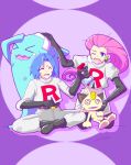  1boy 1girl blue_eyes blue_hair boots crossed_legs gloves injury james_(pokemon) jessie_(pokemon) meowth on_floor open_mouth pink_hair pokemon pokemon_(anime) pokemon_(classic_anime) pokemon_(creature) purple_background rai_(fortunecookie) team_rocket team_rocket_uniform teardrop wobbuffet worried 