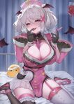  1girl absurdres bat_wings bed black_gloves breasts character_request copyright_request fang_qiao gloves grey_hair highres hospital_bed indoors large_breasts pink_eyes solo syringe tongue tongue_out wings 