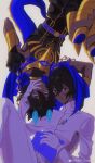  2boys :t arjuna_(fate) arjuna_alter_(fate) armor artist_name belt black_gloves black_pants black_shirt blue_belt blue_cape blue_eyes blue_horns book brown_eyes cape chinese_commentary closed_mouth commentary_request dark-skinned_male dark_skin fate/grand_order fate_(series) gloves gold_armor hair_between_eyes hand_on_another&#039;s_cheek hand_on_another&#039;s_face high_collar highres holding holding_book horns long_sleeves looking_at_viewer male_focus multicolored_eyes multiple_boys open_book pants pout purple_eyes shirt simple_background smile tail upside-down vambraces watermark weibo_logo weibo_username white_background white_gloves white_pants white_shirt xue_xuezi_snowlily 
