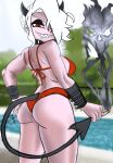  1girl ass black_horns bra cigarette ear_piercing hand_on_own_ass helltaker highres holding holding_cigarette horns justgrimewolf looking_back mouth_piercing nose_piercing panties piercing pool red_bra red_panties sharp_teeth short_hair teeth underwear white_hair zdrada_(helltaker) 