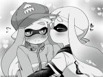  2girls baseball_cap blush closed_eyes eromame hat hood hoodie hug inkling inkling_girl inkling_player_character jacket jersey kiss monochrome multiple_girls pointy_ears splatoon_(series) sweatdrop tentacle_hair yuri 