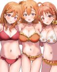  3girls absurdres ahoge bikini breasts cleavage color_connection cowboy_shot hair_between_eyes hair_color_connection highres in-franchise_crossover kosaka_honoka looking_at_viewer love_live! love_live!_school_idol_project love_live!_sunshine!! love_live!_superstar!! multiple_girls orange_hair shibuya_kanon simple_background sunya_(honorin-yuunibo) swimsuit takami_chika trait_connection white_background 