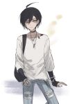  1boy absurdres ahoge alternate_costume black_choker black_hair brown_eyes choker closed_mouth cross cross_earrings danganronpa_(series) danganronpa_v3:_killing_harmony earrings fu_ga_(vivi912912) grey_shirt hair_between_eyes highres jewelry necklace pants saihara_shuichi shirt short_hair sleeves_past_wrists solo torn_clothes torn_pants torn_shirt 