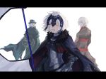  1girl 2boys antonio_salieri_(fate) antonio_salieri_(second_ascension)_(fate) armor armored_dress ascot black_cloak black_suit chain cloak closed_eyes edmond_dantes_(fate) facing_back fate/grand_order fate_(series) fedora flag formal fur_trim fuyotan gauntlets green_cloak grin half_updo hat headpiece highres jeanne_d&#039;arc_alter_(fate) letterboxed looking_back multiple_boys plackart red_ascot simple_background smile standard_bearer suit wavy_hair white_background white_hair 