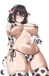  1girl absurdres animal_ears animal_print arm_behind_back ass_visible_through_thighs bare_shoulders bikini bilei black_hair blue_eyes blush breasts closed_mouth cow_ears cow_horns cow_print cow_tail cowboy_shot elbow_gloves fake_animal_ears fake_horns fake_tail glasses gloves hair_ornament hairband highres horns looking_at_viewer micro_bikini navel original side-tie_bikini_bottom simple_background solo spread_navel stomach swimsuit tail thighhighs thighs underboob white_background 