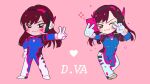  1girl :3 blue_bodysuit bodysuit brown_eyes brown_hair cellphone character_name chibi chibi_only d.va_(overwatch) facial_mark full_body gloves heart holding holding_phone long_hair multiple_views no_nose one_eye_closed overwatch phone selfie smartphone sparkle standing v whenever96 white_gloves 