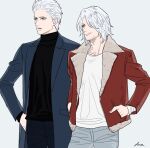  2boys azuma_xoxo_9 blue_coat blue_eyes coat dante_(devil_may_cry) devil_may_cry_(series) devil_may_cry_5 hair_slicked_back holding long_hair male_focus multiple_boys simple_background smile vergil_(devil_may_cry) white_hair winter_clothes 