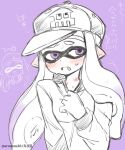  baseball_cap bite_mark blush ear_blush eromame flustered hand_on_own_chest hat inkling inkling_girl inkling_player_character long_hair long_sleeves purple_background purple_eyes splatoon_(series) sweat tentacle_hair 