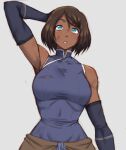  1girl absurdres arm_behind_head blue_eyes breasts commentary cowboy_shot dark-skinned_female dark_skin detached_sleeves english_commentary facing_viewer highres korra large_breasts short_hair simmsy simple_background teeth the_legend_of_zelda tomboy 