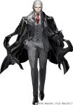  1boy alessandro_cagliostro_(fate) beard black_bodysuit black_footwear black_gloves bodysuit braid facial_hair fate/grand_order fate_(series) gloves green_eyes grey_hair grey_pants long_hair looking_at_viewer necktie official_art pants red_eyes red_necktie routo solo suit 