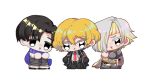  1girl 2boys black_eyes black_hair blonde_hair blue_scarf chibi demian_(project_moon) full_body gauntlets hair_over_one_eye kromer_(project_moon) limbus_company multicolored_hair multiple_boys necktie njaja_kanja project_moon red_necktie scarf shirt short_hair simple_background single_gauntlet suit white_background white_hair white_shirt 