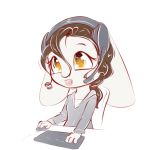  2019 4_fingers alasou anthro brown_hair clothed clothing digital_media_(artwork) female hair happy headphones headset lagomorph mammal rabbit simple_background sitting smile solo white_background yellow_eyes 