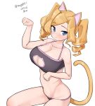  1girl absurdres animal_ears black_bra blonde_hair blue_eyes bra breasts cat_cutout cat_ear_panties cat_ears cat_lingerie cat_tail cleavage clothing_cutout collarbone dated drill_hair highres honolulu_(kancolle) kantai_collection large_breasts long_hair maru_(marg0613) meme_attire navel one-hour_drawing_challenge panties paw_pose simple_background solo tail twin_drills underwear white_background 