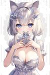  1girl animal_ears aria_(ariacue) blue_eyes bow breasts cat_ears dress grey_dress grey_hair hair_bow highres large_breasts long_hair looking_at_viewer original puffy_short_sleeves puffy_sleeves short_sleeves solo 