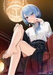  1girl armchair bare_legs barefoot black_skirt blue_eyes blue_hair blush casino_(casinoep) chair closed_mouth crossed_legs earrings feet foot_focus from_below highres hololive hoshimachi_suisei hoshimachi_suisei_(8th_costume) indoors jacket jewelry long_hair long_sleeves nail_polish red_nails sitting skirt solo star_(symbol) star_in_eye symbol_in_eye toenail_polish toenails twitter_username virtual_youtuber white_jacket 