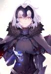  1girl absurdres ahoge armor black_cloak blue_fire chain cloak fate/grand_order fate_(series) fire fur-trimmed_cloak fur_trim gauntlets grey_hair highres jeanne_d&#039;arc_alter_(avenger)_(fate) jeanne_d&#039;arc_alter_(fate) smile tears tsukudani_(ore624) yellow_eyes 