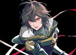  1boy ahoge armor black_background breastplate brown_hair commentary commentary_request expressionless facing_viewer granblue_fantasy hair_between_eyes hood hood_down long_sleeves looking_at_viewer male_focus messy_hair parted_lips red_eyes red_ribbon ribbon sandalphon_(granblue_fantasy) short_hair simple_background solo_focus tki turtleneck upper_body 