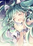  anniversary aqua_hair bdsm blush bound bound_wrists bow dress dutch_angle frilled_dress frills hair_bow hair_ornament happy hatsune_miku light long_hair messy_hair natsume_eri open_mouth own_hands_together smile solo twintails upper_body vocaloid white_bow white_dress 