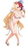  absurdres alchemy_stars arm_behind_back bikini blonde_hair breasts cleavage food food_on_face frilled_hairband frills full_body gronru_(alchemy_stars) gronru_(day_at_the_aquarium)_(alchemy_stars) hair_between_eyes hair_ornament hairband highres holding holding_ice_cream_cone ice_cream_cone kccc_(kuochengbencheng) knees_together_feet_apart long_hair looking_at_viewer medium_breasts multicolored_hair navel open_mouth pearl_anklet platform_footwear red_hair sandals sideboob simple_background smile star_(symbol) star_hair_ornament stomach swimsuit teeth toes twintails two-tone_hair upper_teeth_only very_long_hair white_background white_bikini yellow_eyes 