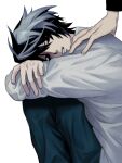  1boy 1other ambiguous_gender arms_on_knees behind_another black_eyes black_hair black_pants crossed_arms death_note feet_out_of_frame from_side hand_on_another&#039;s_shoulder head_down head_on_knees highres knees_to_chest l_(death_note) long_sleeves looking_at_another looking_back out_of_frame pants parted_lips shirt short_hair simple_background sitting tada_(anuanu134) white_background white_shirt 