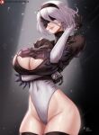  1girl 2b_(nier:automata) arm_under_breasts black_blindfold black_gloves black_hairband black_thighhighs blindfold breasts cleavage cleavage_cutout clothing_cutout covered_navel cowboy_shot gloves hairband highleg highleg_leotard kyopink large_breasts leotard lips mole mole_under_mouth nier:automata nier_(series) patreon_username short_hair signature solo sweat thighhighs white_hair white_leotard 