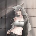  1girl absurdres animal_ears arknights bandeau breasts cleavage collarbone commentary crop_top elbow_gloves fingerless_gloves gloves grey_eyes grey_gloves grey_hair grin hair_ornament hairclip highres indoors lappland_(arknights) long_hair looking_at_viewer mameppu material_growth medium_breasts midriff navel off_shoulder oripathy_lesion_(arknights) scar scar_across_eye single_bare_shoulder smile solo stomach strapless tube_top upper_body very_long_hair wolf_ears 