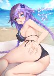  1girl :d arm_behind_back ass_grab beach bikini black_bikini blue_eyes blush braid breasts commentary_request from_behind grabbing_own_ass hair_between_eyes long_hair looking_at_viewer looking_back lying medium_breasts neptune_(series) ocean on_ground on_side outdoors power_symbol purple_hair purple_heart_(neptunia) side-tie_bikini_bottom smile solo swimsuit symbol-shaped_pupils thighs torimaru twin_braids twintails very_long_hair 