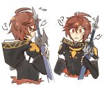  !? ? ahoge artist_name brown_hair clenched_teeth cowboy_shot english_commentary fauxpapillon fingerless_gloves flying_sweatdrops from_side frown gloves granblue_fantasy hair_between_eyes highres hood hood_down male_focus messy_hair multiple_views profile red_eyes sandalphon_(granblue_fantasy) short_hair signature simple_background surprised sweatdrop sword teeth upper_body weapon white_background 