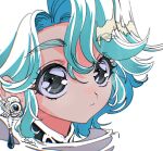  1girl black_eyes blue_hair close-up earrings expressionless eyelashes highres jewelry looking_to_the_side original short_hair simple_background solo thick_eyebrows white_background yo-co 