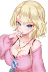  1girl absurdres black_bra blonde_hair blue_eyes bra breasts cleavage collarbone eien_project eyewear_hang highres jewelry lunarisbloom necklace off_shoulder pink_sweater shadow short_hair skye_shinryu solo sweater underwear unworn_eyewear upper_body virtual_youtuber white_background 