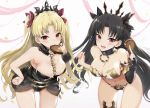  2girls bikini black_hair blonde_hair breasts candy chocolate cleavage dress ereshkigal_(fate/grand_order) fate/grand_order fate_(series) headdress ishtar_(fate/grand_order) khanshin long_hair navel red_eyes swimsuit twintails 